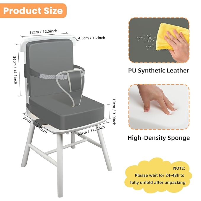 Toddler Booster Seat for Dining Table with Adjustable Straps, Kids Booster Seat for Kitchen Chair with Non-Slip Bottom, PU Anti-Scratch Portable Detachable Increasing Cushion (Dark Grey)