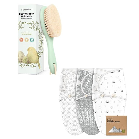 KeaBabies Baby Hair Brush and 3-Pack Baby Swaddle Sleep Sacks - Wooden Brush with Soft Goat Bristles, Newborn Swaddle Sack, Cradle Cap Softener