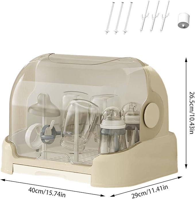 2025 Large Baby Bottle Organizer with Cover ＆ Removable Drain Tray, Dustproof Portable Baby Bottle Drying Rack Reusable Bottle Rack Holder Storage (Gray)