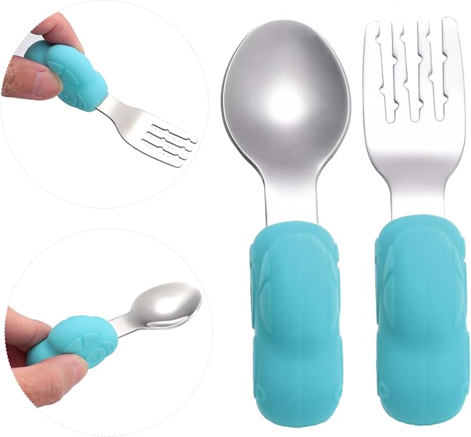 Healifty Stainless Steel Training Tableware Car Shaped Fork and Spoon for Safe Feeding Utensils with Comfortable Short Handles in Sky Blue for Self Feeding and Learning