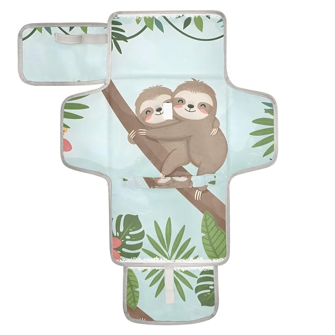 Baby Portable Diaper Changing Pad Waterproof Lovely Sloth Jungle Animal Diaper Changing Mat with Wipes Pocket Foldable Travel Changing Pad Bag
