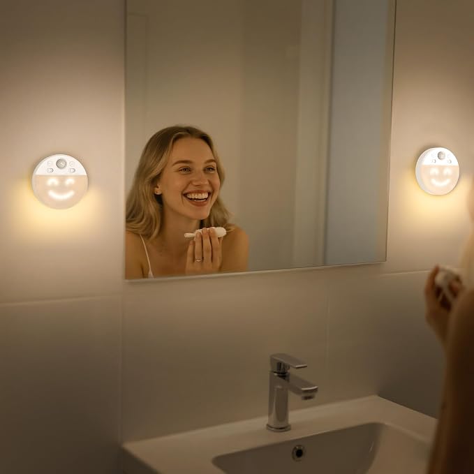 MY BEAUTY LIGHT Motion Sensor LED Night Light with 4 Facial Expressions, 2 Pack 3000K Soft Warm White Dimmable Hallway Light, Rechargeable LED Wall Sconces with Timer, Mood Light for Kids Adults