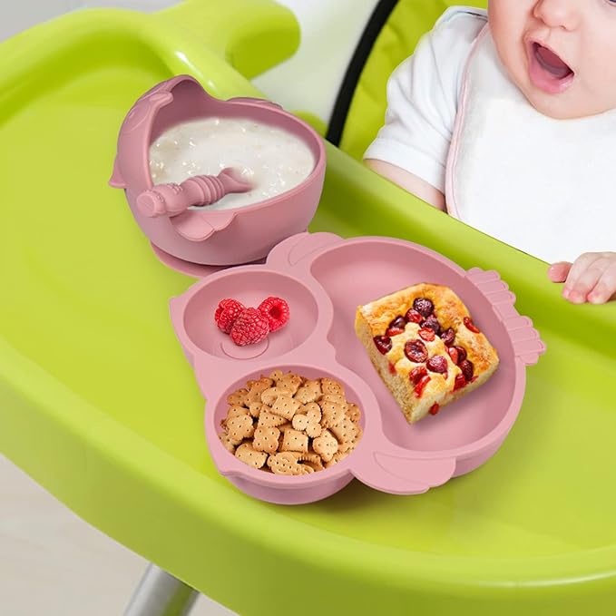 Owl Shape Silicone Baby Feeding Set, Toddler Suction Plates and Bowls Set with Spoons, Kids Silicone Dinnerware Set Eating Utensils, Pink
