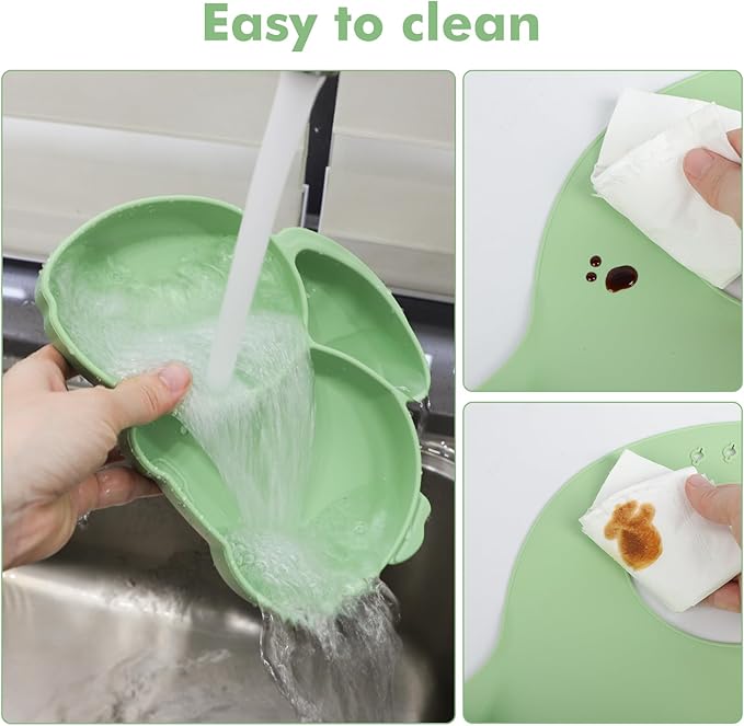 Silicone Baby Feeding Set 15 Pcs，Baby Spoons Suction Bowl Divided Plate Bib Cup Finger Brush Training cups,Baby Led Weaning Supplies（green）