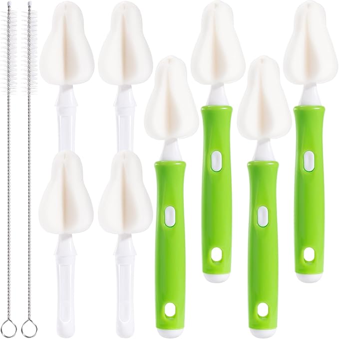 10 Pcs Sponge Bottle Nipple Brushes,4 Sponge Nipple Brushes for Baby Bottles, 4 Replacement Heads and 2 Pcs 7.87" Straws for Cleaning,Green
