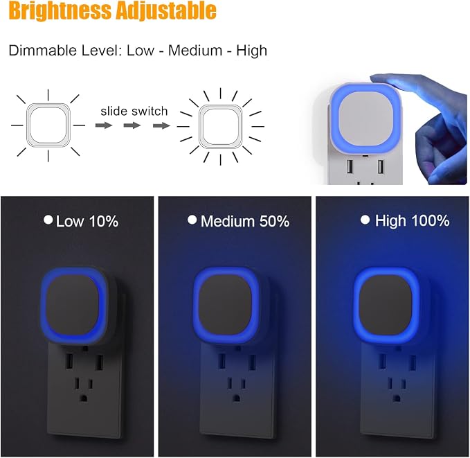 YUNLEX 4 Pack Plug in Blue Night Light, Dusk to Dawn Sensor, LED Nightlight for Mood Lighting, Glare-Free Reflected Light, Dimmable, Auto On/Off Light for Bathroom, Hallway, Gaming Room, Home Decor