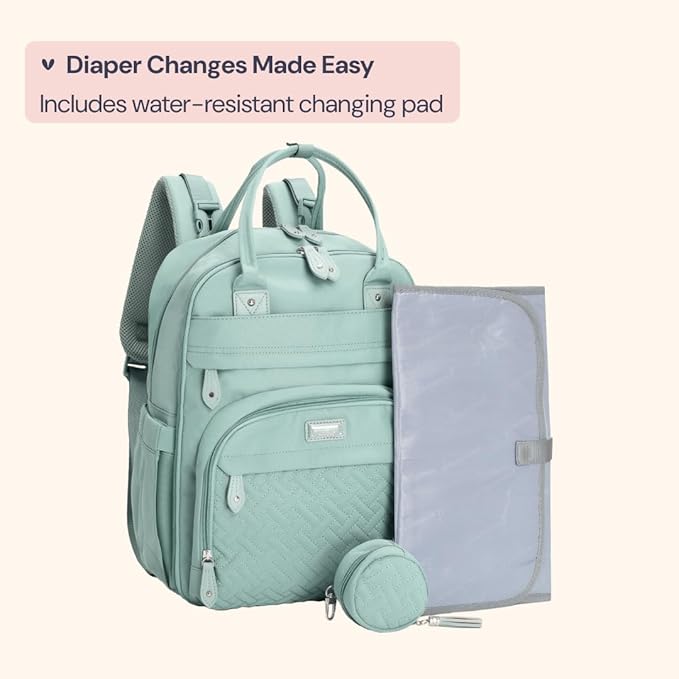 BabbleRoo Diaper Bag Backpack - Baby Essentials Travel Bag - Multi Function Water Resistant Diaper Bag, Travel Essentials Baby Bag with Changing Pad, Stroller Straps & Pacifier Case ??Sage Green
