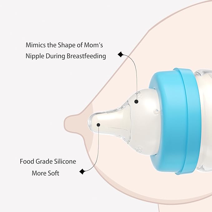 YOHKOH Glass Baby Bottles with Slow Flow Nipple, Newborn Anti-Colic Baby Bottles for 0+ Months, Wide Neck Feeding Bottle, Clear (Blue, 5oz (Pack of 4))
