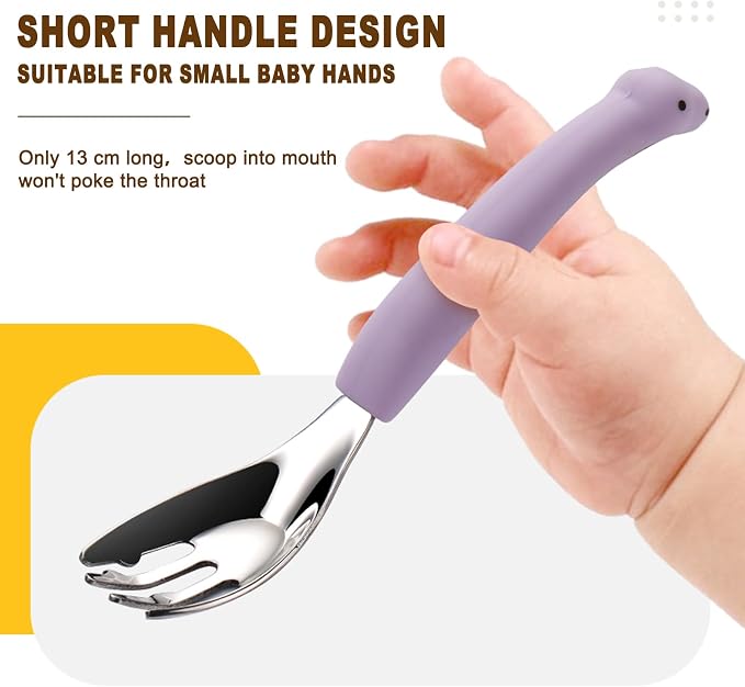 Baby Toddler Fork and Spoon Utensil Set, 4 Pack, Green Dinosaur | Silicone, Stainless Steel, Dinosaur