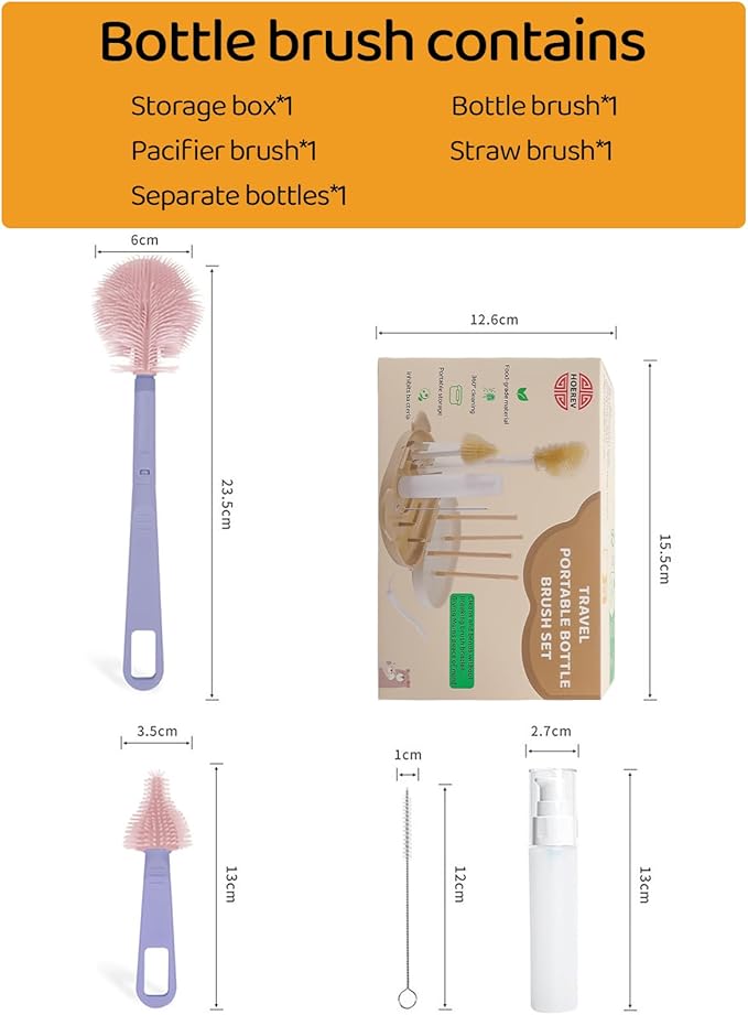 HOEREV Portable Baby Silicone Bottle Brush Set Include Pacifier Brush, Straw Brush, draining Rack, Portable Box