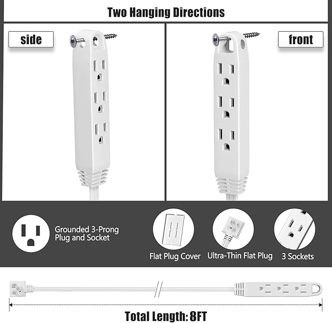 CABOCASA 8FT Ultra Flat Plug Extension Cord Power Strip with 3 Outlets, Patented Detachable Ultra-Thin Outlet Cover Concealer & Ultra-Flat Plug, Max. 13A 125V 1625W ETL Listed, White Color
