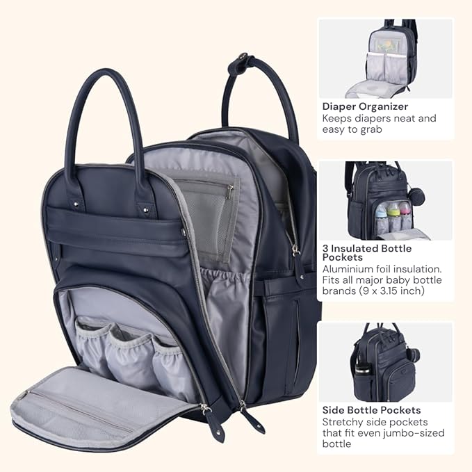 BabbleRoo Leather Diaper Bag Backpack - Baby Essentials Travel Baby Bag, Multi function, with Changing Pad, Stroller Straps & Pacifier Case ??Unisex, Midnight Blue