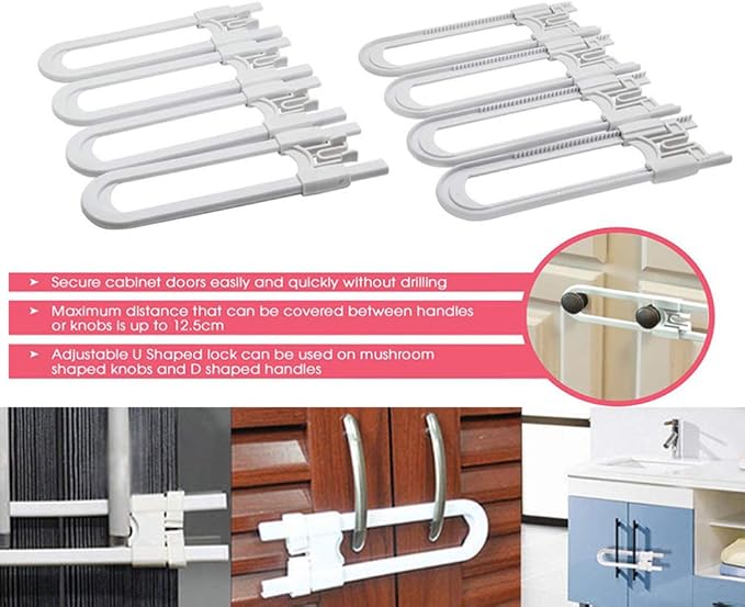 Vaguelly 4 Pack Child Safety Cabinet Latches No Drilling U-shaped Locks for Kitchen Closet Door Sliding Drawer d Handle Pink