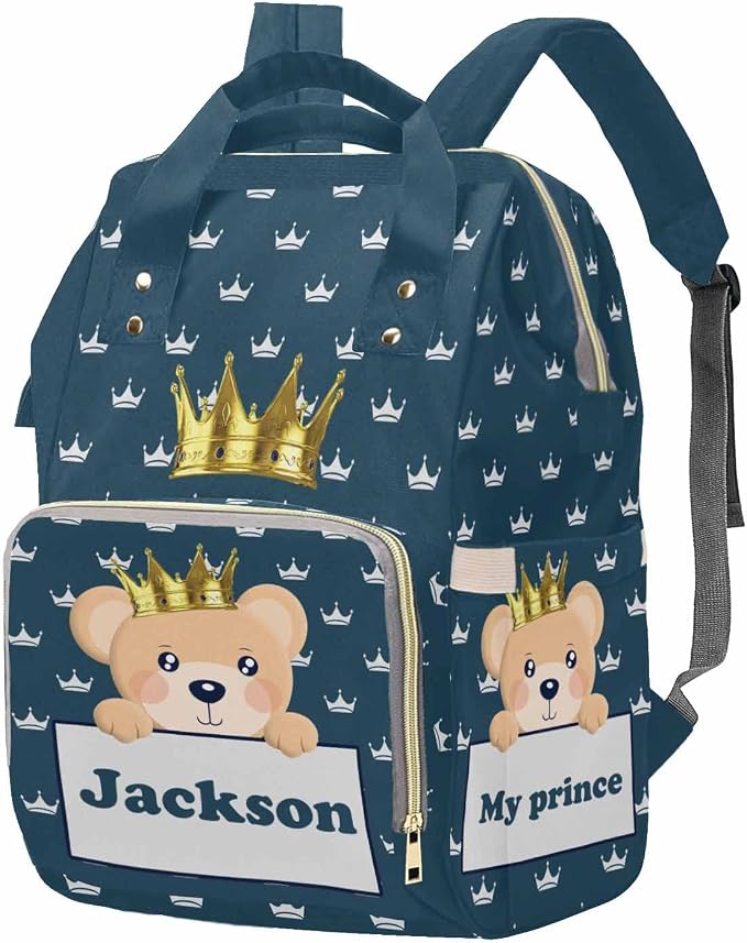 M YESCUSTOM Diaper Bag Custom Name Personalized Crown Diaper Bag with Cartoon Prince Bear Suits for Women Travel Outdoor Use Dark Blue