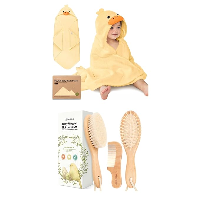 KeaBabies Baby Towel with Hood for Girls, Boys and Baby Hair Brush and Comb Set - Soft, Absorbent, 100% Cotton Hooded Towels for Newborns, Wooden Kids Brush with Soft Goat Bristle