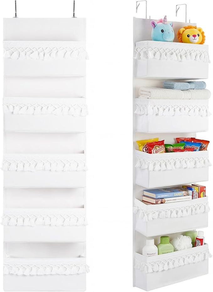 Over The Door Storage Organizer Decor,5 Pockets Hanging Nursery Door Organizer with Tassels Boho Decor,Behind Door Storage for Toys,Bedroom,Bathroom,White