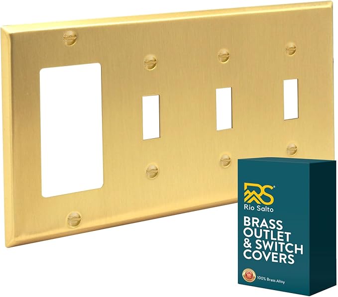 Rio Salto BRASS Metal 4-Gang Gold Outlet Cover or Light Switch Cover Wall Plate, Quad Toggle Rocker Combination Receptacle Wallplate Covers STANDARD SIZE Brushed Brass (3 Toggle 1 Rocker Combo)