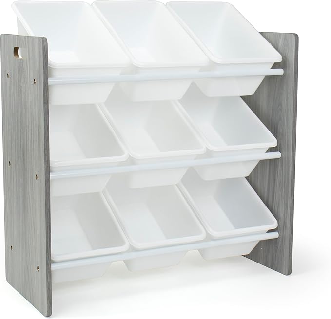 Humble Crew 9-Bin Toy Organizer ??Slate Grey Wood Grain/White Plastic Bins, 3-Tier Storage Solution for Kids' Playrooms and Nurseries