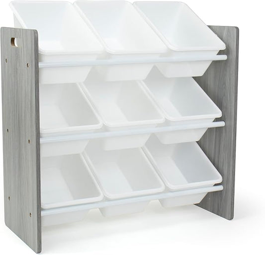 Humble Crew 9-Bin Toy Organizer ??Slate Grey Wood Grain/White Plastic Bins, 3-Tier Storage Solution for Kids' Playrooms and Nurseries