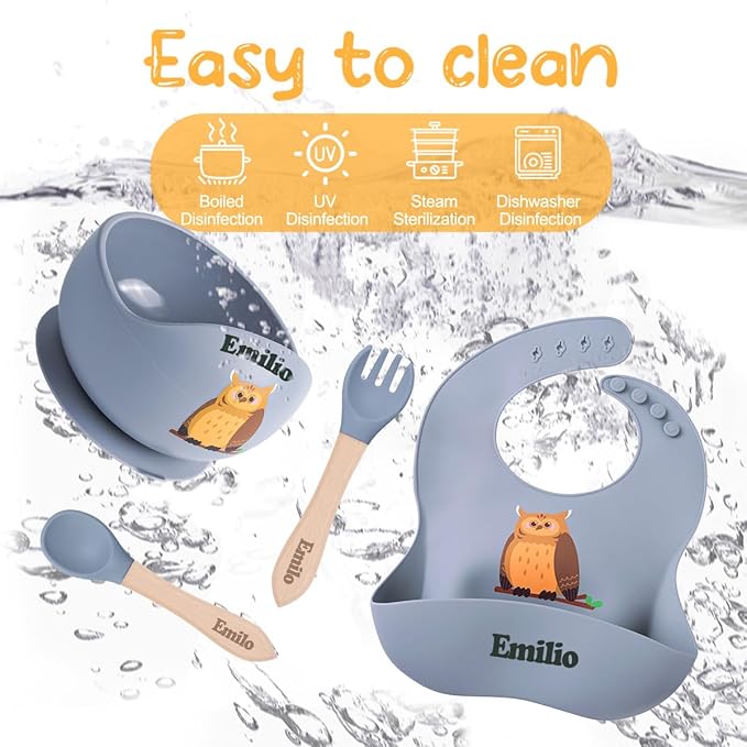 TYRY.HU Personalized Silicone Baby Feeding Set, Custom Baby Led Weaning Supplies Self Feeding Utensils, Suction Bowl, Bibs with Spoons Forks with Name (Grey)