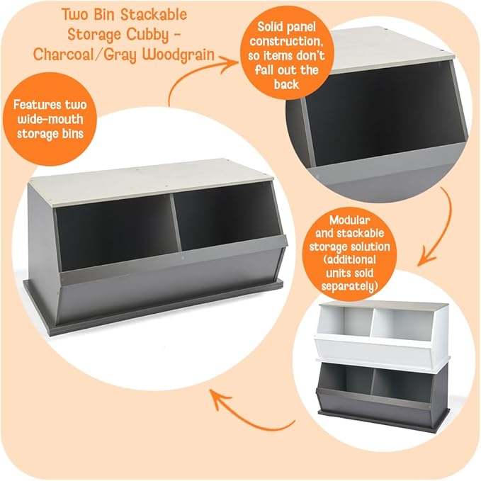 Badger Basket Two Bin Stackable Toy Storage Cubby Organizer for Kids, Playroom, Bedroom, or Nursery ??Wooden Toy Chest and Book Storage Unit ??Charcoal/Gray Woodgrain