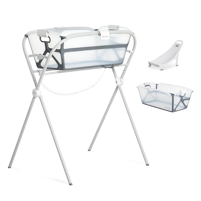 Evolur Supple Baby Spa Set with Infant Bathtub, Hammock Support Seat & Metal Frame, Newborn Tub for 0–12 Months, Complete Baby Care Essentials Gift Set for New Parents, White