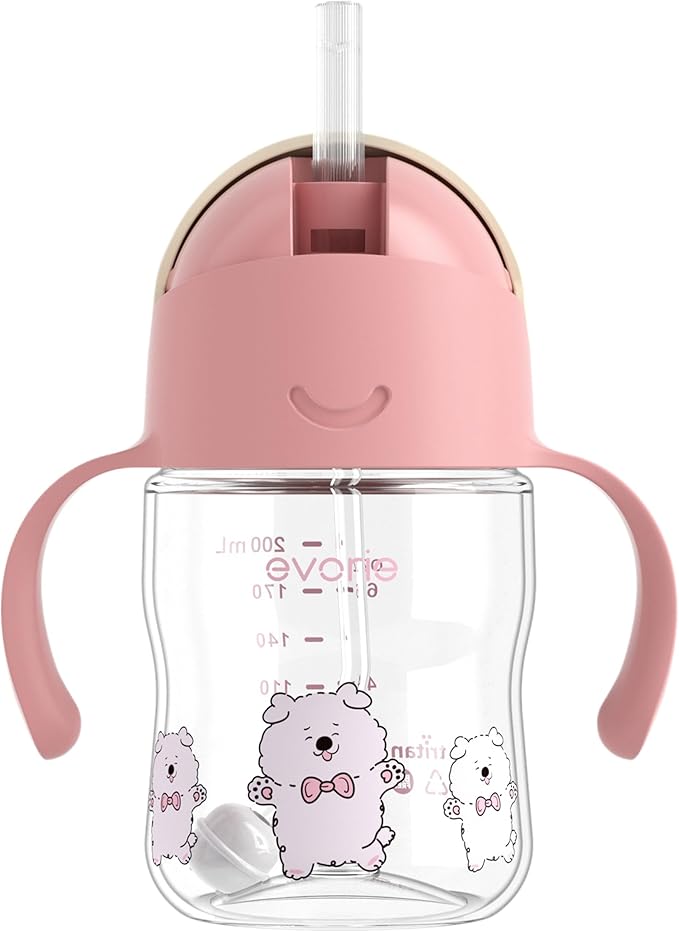 Evorie Tritan Weighted Straw Sippy Cup with Handles for Baby and Toddlers, Spill Proof Baby Water Bottle with Straw for 6 months and up, 7 Oz, Infant Training Water Bottle (Puppy Pink)