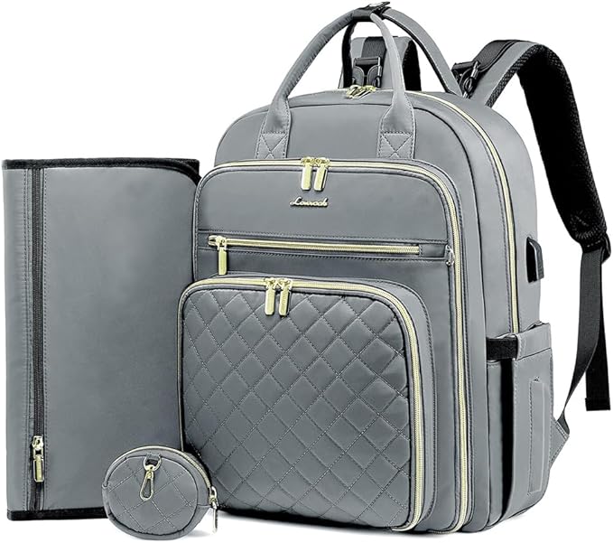 LOVEVOOK Baby Diaper Bag,Waterproof Diaper Backpack with USB Charging Port for Baby, Large Capacity Fit for 15.6 inch Laptop,Light Grey