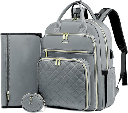 LOVEVOOK Baby Diaper Bag,Waterproof Diaper Backpack with USB Charging Port for Baby, Large Capacity Fit for 15.6 inch Laptop,Light Grey