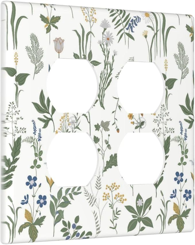 Outlet Covers Floral Green Leaf Plant Flowes 2 Gang Double Duplex Decorative Light Switch Covers Electrical Wallplates Socket Faceplate For Bed Room Farmhouse Decor