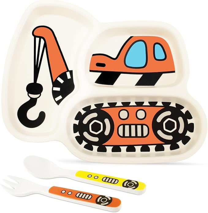 Kids Plate Set - 3-Piece Toddler Dinnerware with Divided Plates & Portion Control - Includes Fork & Spoon (Hook truck)