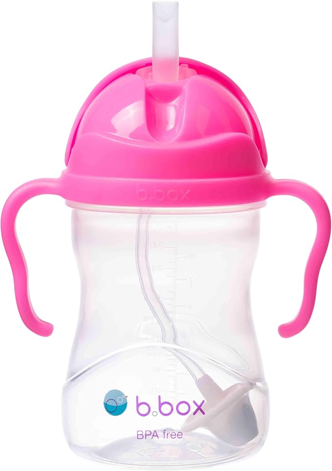 b.box Sippy Cup with Weighted Straw. Drink from any Angle, Leak Proof, Spill Proof, Easy Grip. BPA Free, Dishwasher Safe. For Babies 6m+ to Toddlers (Pink Pomegranate, 8oz)