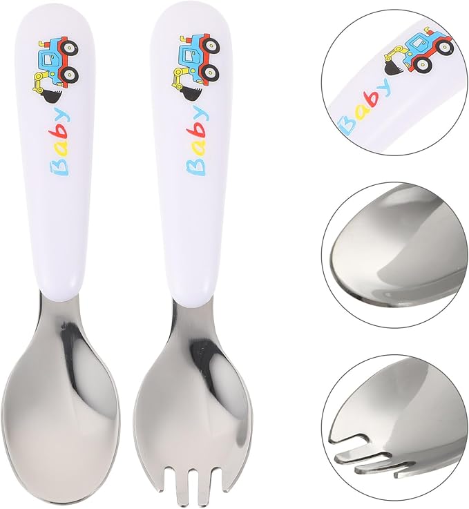 Nonslip Fork and Spoon with Stainless Steel Tableware Safe Rounded Edges for - Includes Portable Storage Box for Newborns and Training