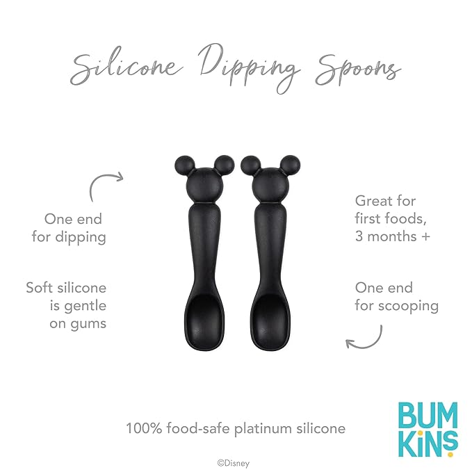 Bumkins Disney Baby Utensil Set, Silicone Trainer Spoons for Dipping, Soft Tip, Self-Feeding, Chew, Baby Led Weaning, Training Supplies, Essentials First Eating, 4 Mos, 2-pk Mickey Mouse Black