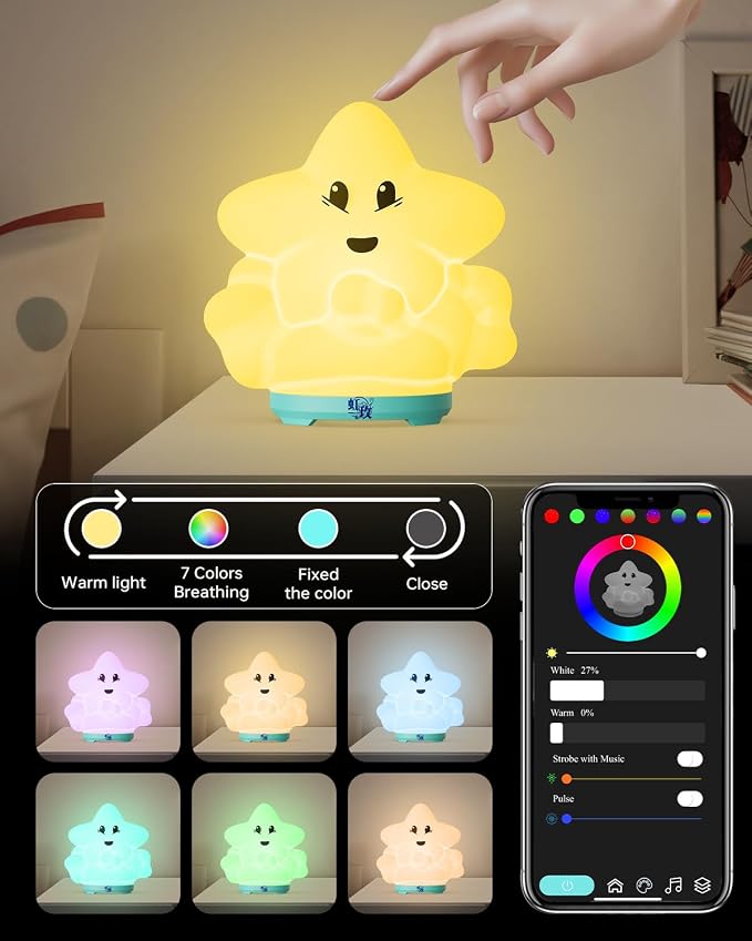 wapentake® Baby Night Light, Kids Night Light with Bluetooth Speaker & Music, Portable Nursery Night Light for Girls Bedroom, 16 Colors Changing Toddler, APP Control Rechargeable Lamp(Multi-Colored)