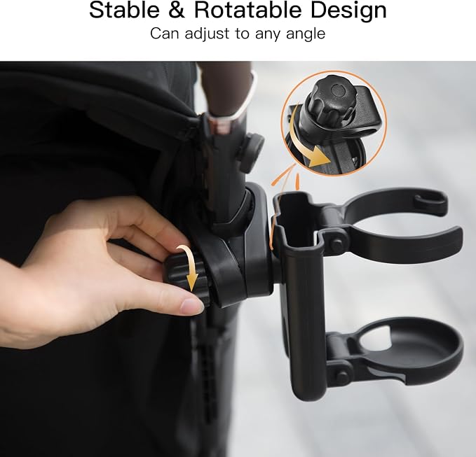 Gromast 2 in 1 Foldable Stroller Cup Holder + Phone Holder, 360°Rotatable with Adjustable Clip, Universal Cup Holder for Baby Stroller, Tricycle - Black