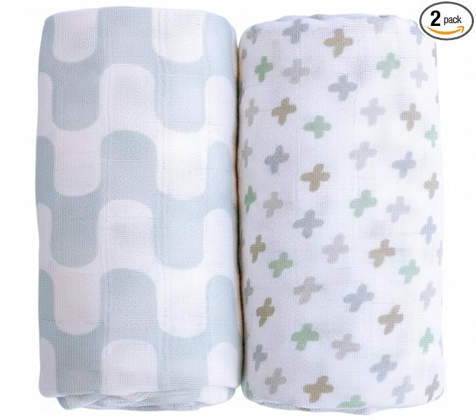 Muslin Swaddle Blankets - Set of 2 Gender Neutral Patterns- Large 47"x47",Organic Cotton & Viscose from Bamboo, Extra Soft Newborn Swaddles, Baby Shower for Boys & Girls (Gray Waves & Crosses)