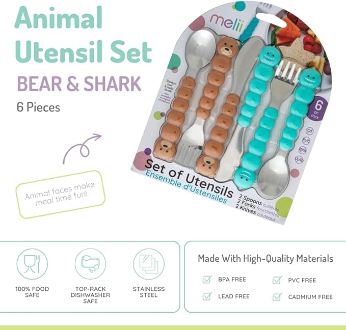 melii Toddler and Kid Feeding Spoon Fork & Knife Set, Stainless Steel ??Bulldog, Cat, Shark, Bear??BPA Free, Dishwasher safe (Bear & Shark 6pc)