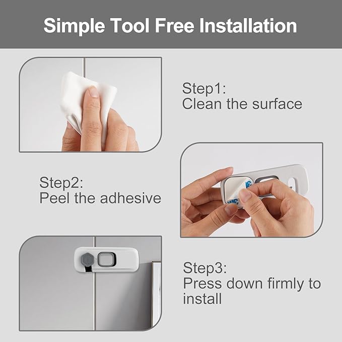 2 Pack Childproof Refrigerator Lock,Cupboard Locks for Children,Freezer Lock Apply to Max 1"(25mm) Sealing Strip,Cabinet Cupboard Lock for Toddlers,Easy to Install,No Tools Need or Drill,Grey