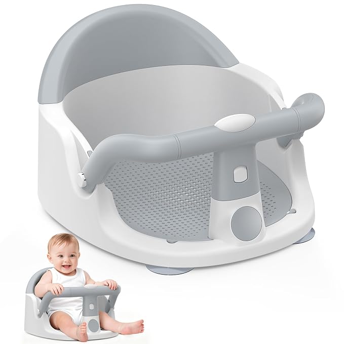 Baby Bath Seat for Babies 6 Months & Up Sitting Up, Non-Slip Baby Bath Chair with Suction Cup, Safe and Comfortable Portable Infant Bath Seat for Bathroom, Bathtub Tub, Easy to Clean (Grey)