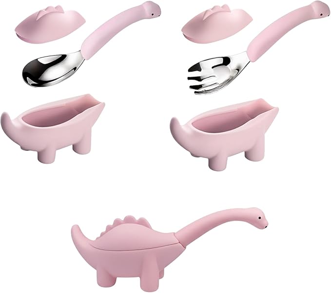 Baby Fork and Spoon Set, Cute Dinosaur Shape Premium Stainless Steel Silicone Toddler Utensils, Encourage Self Feeding, Playful & Fun, Safe, BPA Free, Easy Grip, Dishwsher Safe, Perfect Baby Gift