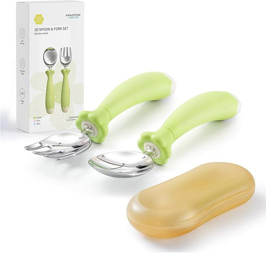 KINGSTONE Toddler Utensils with Case, Kids Silverware Set with Silicone Handles, 18/10 Stainless Steel Children Safe Forks and Spoons, Travel Carrying Cases BPA Free, Dishwasher Safe (green)