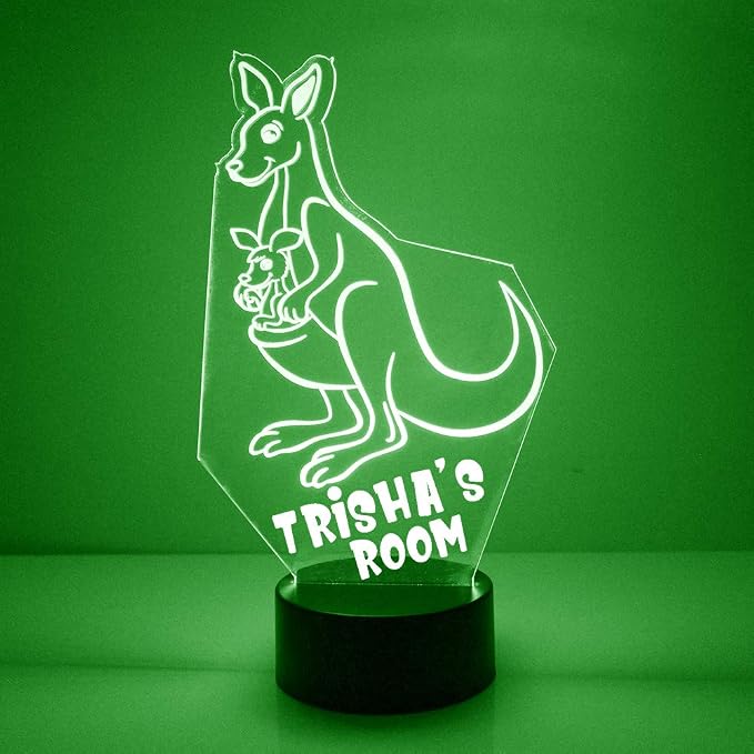 Custom Kangaroo LED Sign Night Light Lamp with Remote, Light Up Display with Personalized Name or Image, Customized, Made in The USA, Clear Acrylic Home Decor Design with 16 Colors, 4 Modes
