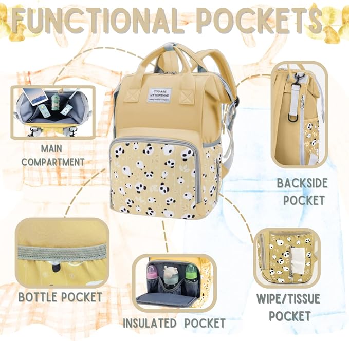 Small Diaper Bag Backpack - Pañaleras para Bebe - Toddler Diaper Bag, New Born Baby Essentials Must Haves, Cute Diaper Bag with Insulated Pockets & Stroller Straps. Yellow