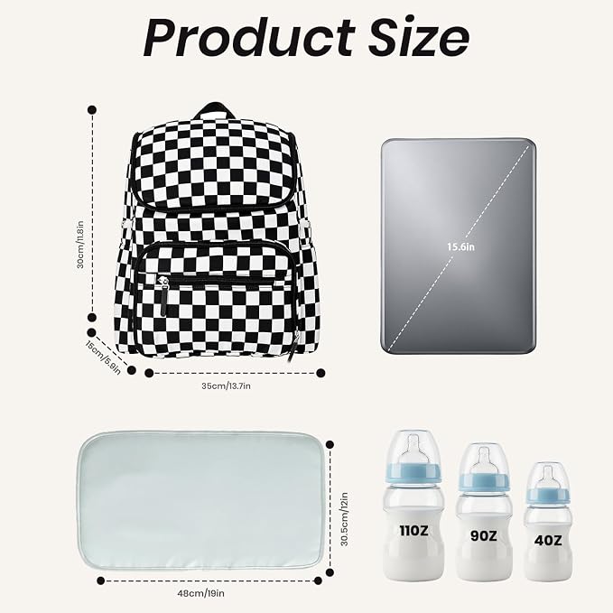 FHELAD Checkered Diaper Bag Backpack with Changing Pad & Stroller Clips, Large Travel Baby Diaper Bag for Newborn Moms, Baby Shower Gifts (Obsidian Black)