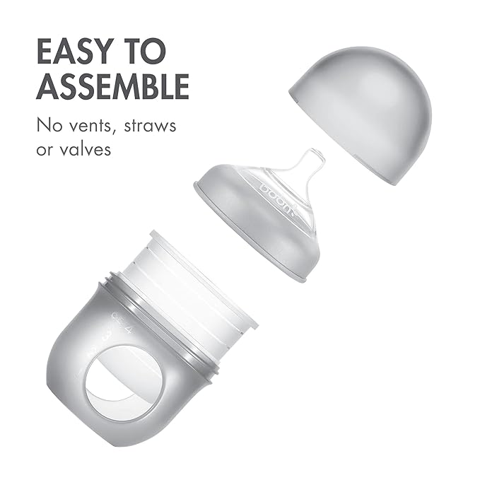Boon Nursh Reusable Silicone Pouch Baby Bottles - Slow Flow Nipple - Silicone Baby Bottle Pouch and Nipple - Baby Feeding Essentials - Gray - 0-3 Months - 3 Count - 4 Ounce