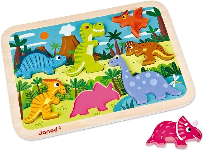 Janod - Dinosaur Chunky Puzzle 7 Pieces - Toddler Playtime - Enhances Motor Skills - Durable Wooden Design - Stimulates Imagination, Vibrant Colors, Educational French Design - J07054