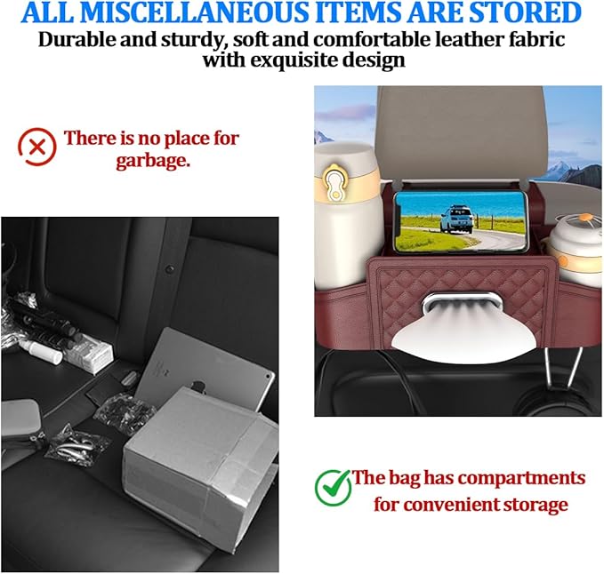 Car Seat Back Organizer, Multifunctional Vehicle Headrest Storage Box with Hooks and Phone Holder, Automotive Backseat Tissue Cup Holder Accessories, Universal for SUV Sedan Truck (Wine Red)