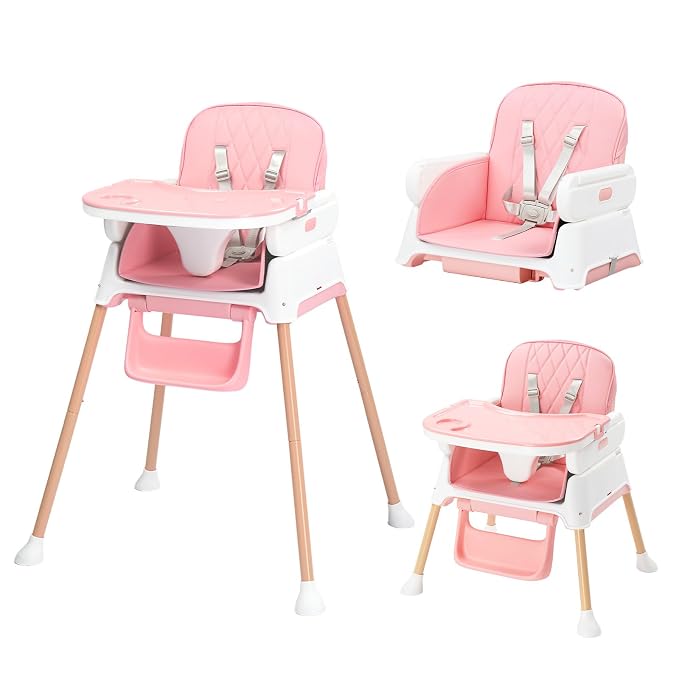 JOYMOR 5 in 1 Baby High Chair for Babies and Toddlers, Portable Highchair Fold Compact, ConvertibleBaby Feeding Chair Booster for Eating with Detachable Double Tray, 5 Point Harness (Pink)