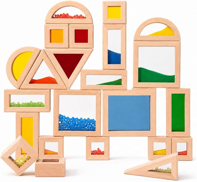 23 PCS Rainbow Sensory Wooden Building Blocks for Toddlers, Colorful Geometric Stacking Toys with Beads, Sand & Mirror Blocks, Montessori STEM Learning Toy Gift for Kids